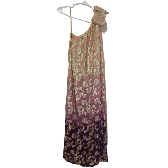 Miss June Paris Burgundy One Shoulder Metallic Gold Maxi Dress Bohemian Bow - Picture 1 of 9